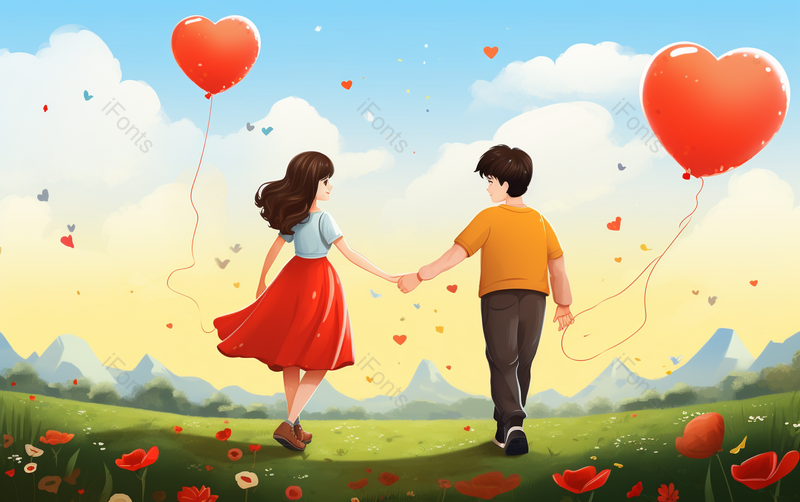 520节日男女情侣户外手牵手手绘插画图,插画/手绘图,插画/手绘图库,插画/手绘图下载,插画/手绘